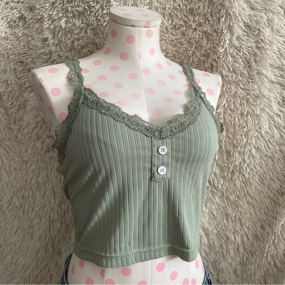 Green Lace Button up Tank Top